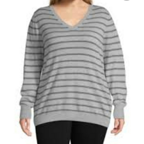 Mossimo Gray Striped V-Neck Long Sleeve Sweater - Picture 2 of 8